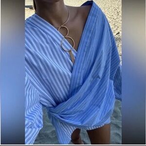 Zara Light Blue and White Striped Top